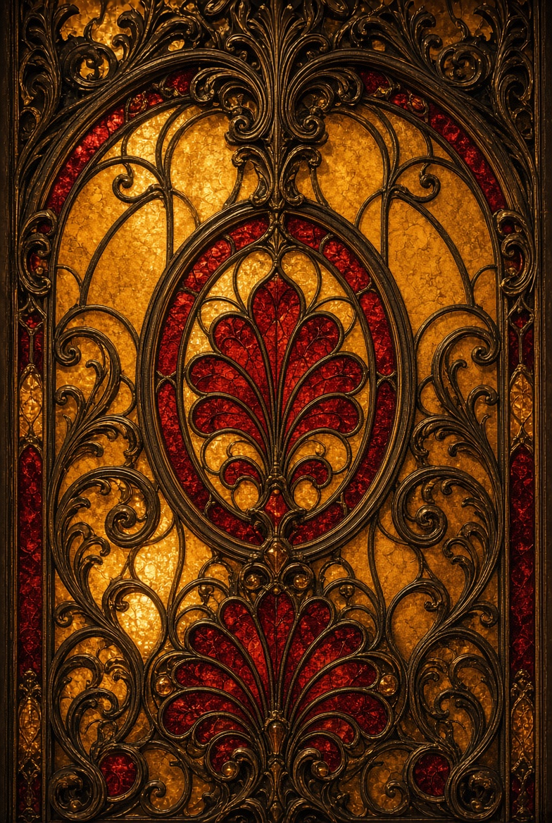 Ornate stained glass and wrought iron detail, Liverpool heritage building
