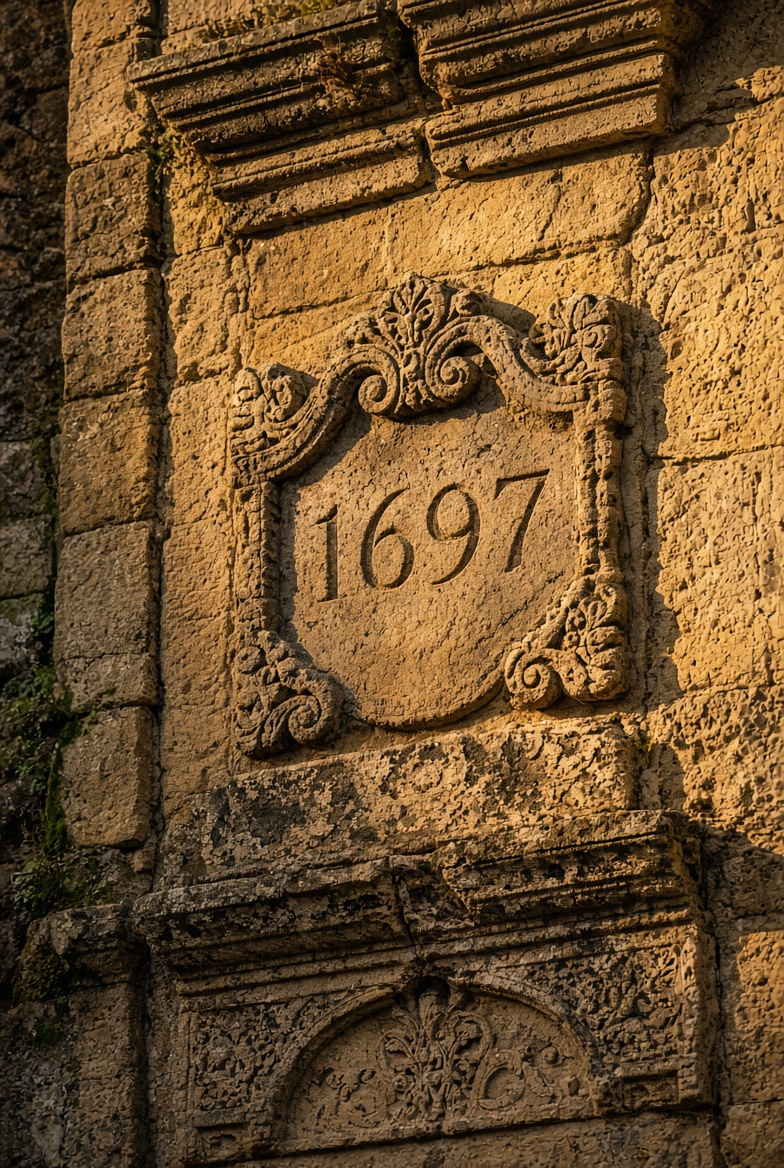Carved sandstone date stone reading 1697, Liverpool historic building