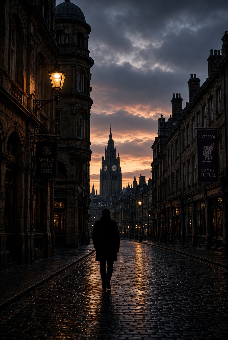 Silhouette walking a historic Liverpool street at dusk