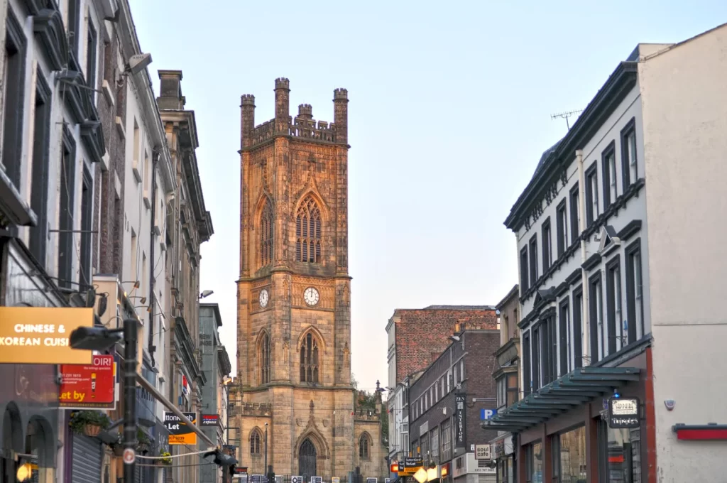 The top of Bold Street, towards St Luke's Church, Liverpool