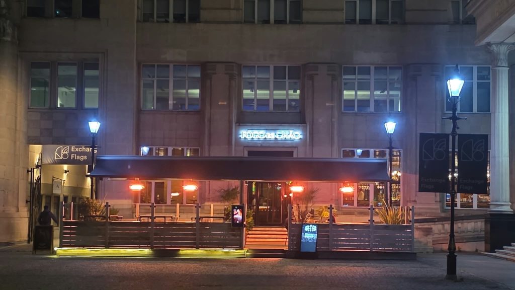 Fogo de Chão terrace on Exchange Flags, Liverpool, at night