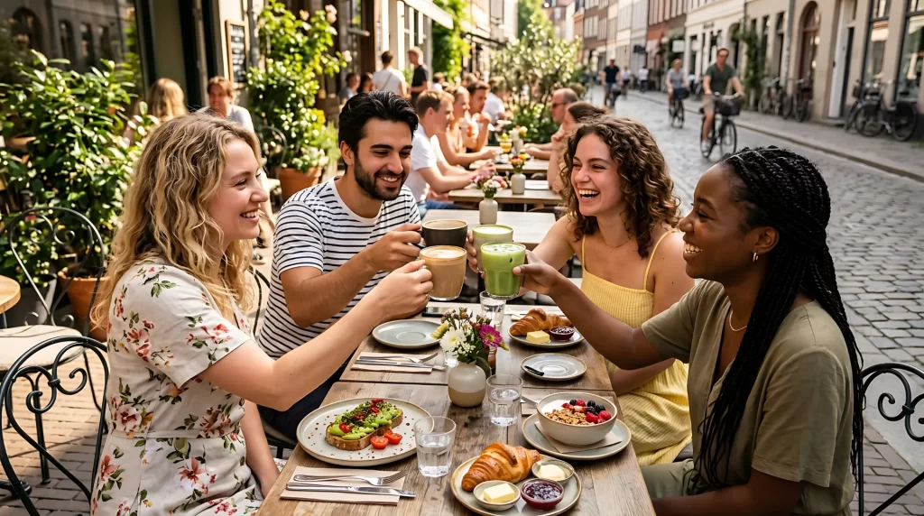 Friends toasting at an outdoor street café