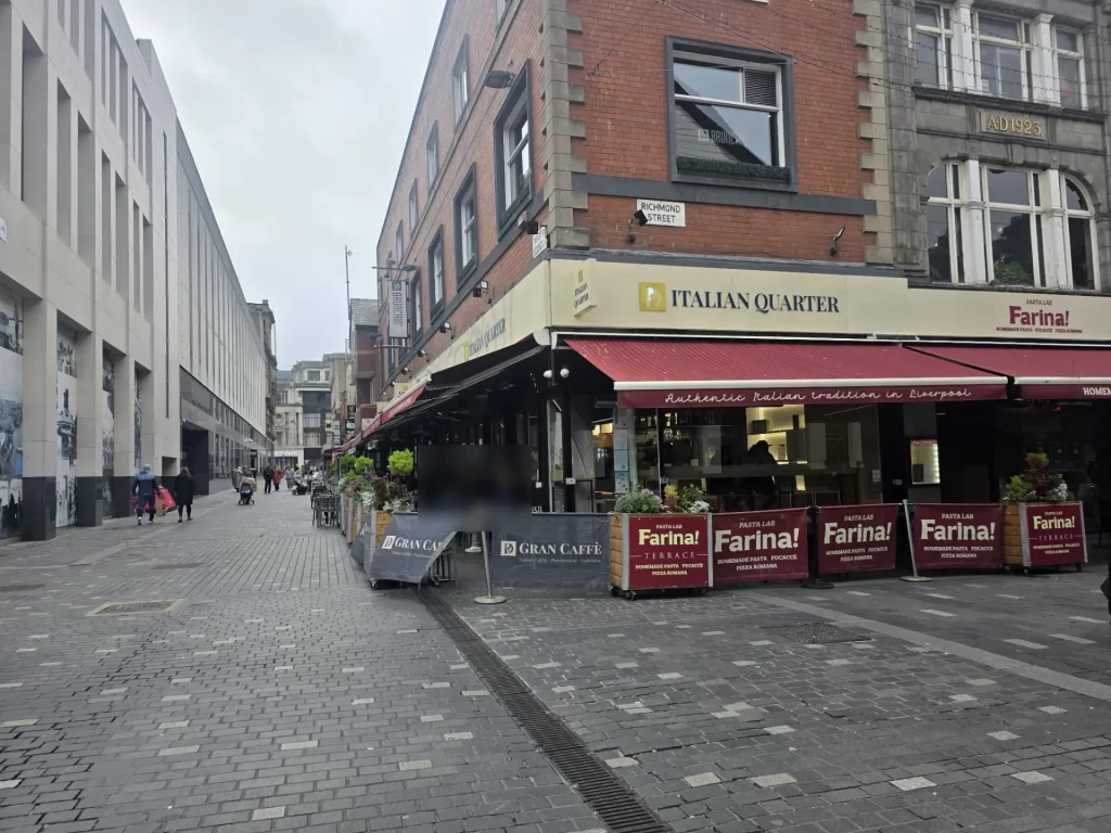 The Italian Quarter on the corner of Richmond Street, Liverpool, with the Gran Caffè and Farina! terraces
