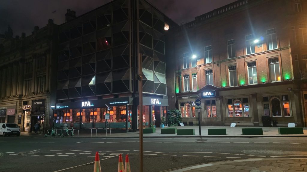 Riva Blu seen from Dale Street, Liverpool, at night